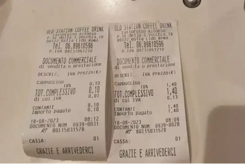 SCONTRINO DEL BAR DI OSTIA CHE FA PARARE 10 CENT IN PIU PER IL CAPPUCCINO SENZA SCHIUMA