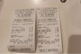 SCONTRINO DEL BAR DI OSTIA CHE FA PARARE 10 CENT IN PIU PER IL CAPPUCCINO SENZA SCHIUMA