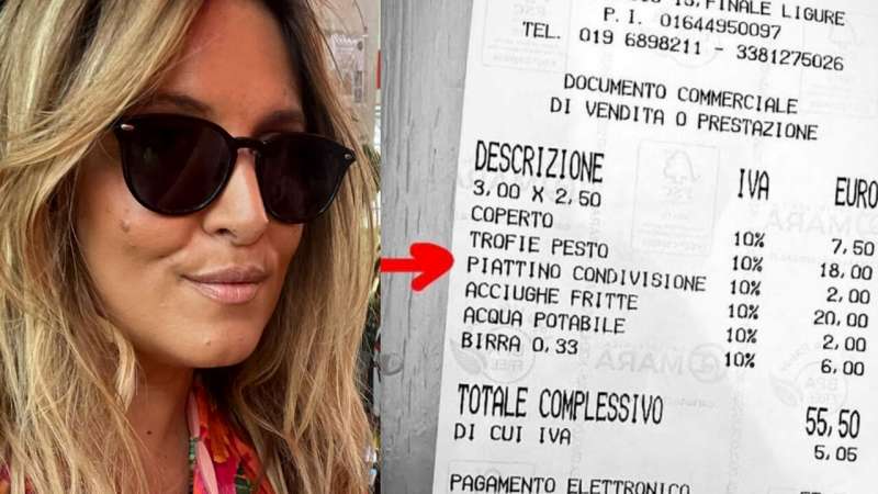 selvaggia lucarelli e lo scontrino con sovrapprezzo di 2 euro per un piatto vuoto