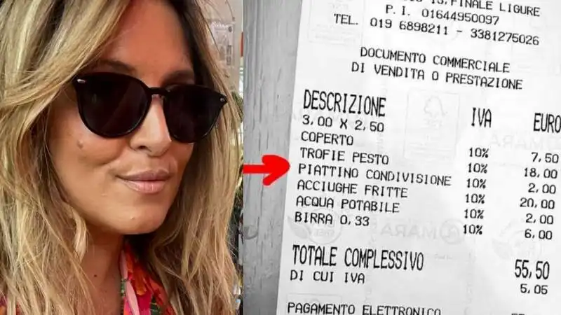 selvaggia lucarelli e lo scontrino con sovrapprezzo di 2 euro per un piatto vuoto