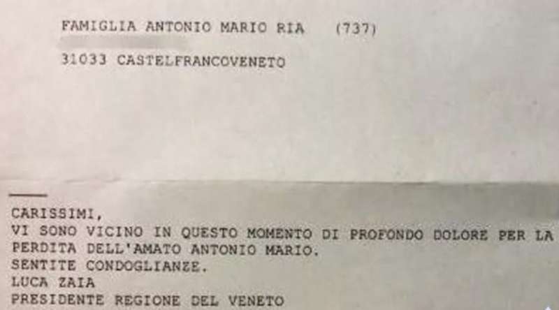 TELEGRAMMA DI CONDOGLIANZE INVIATO DA LUCA AD ANTONIO MARIO RIA