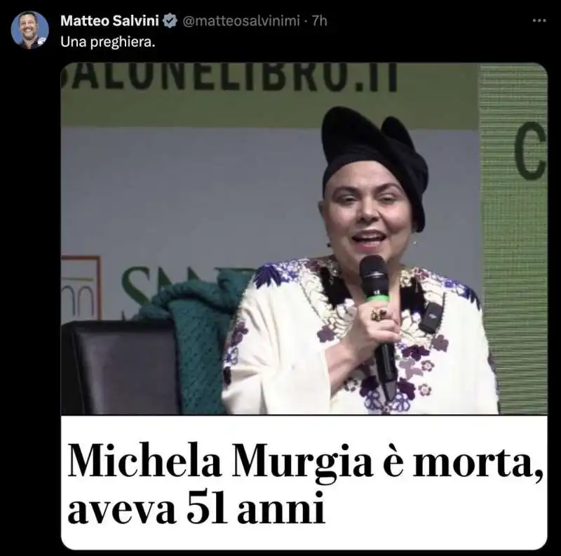 TWEET DI MATTEO SALVINI SULLA MORTE DI MICHELA MURGIA