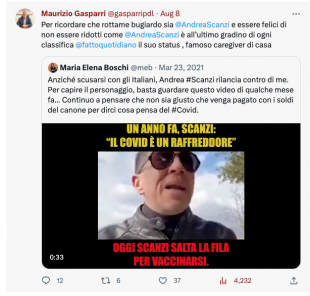 tweet di maurizio gasparri contro andrea scanzi