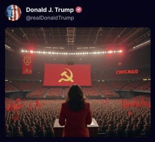 DONALD TRUMP E LA FOTO MANIPOLATA DI KAMALA HARRIS A UNA CONVENTION COMUNISTA