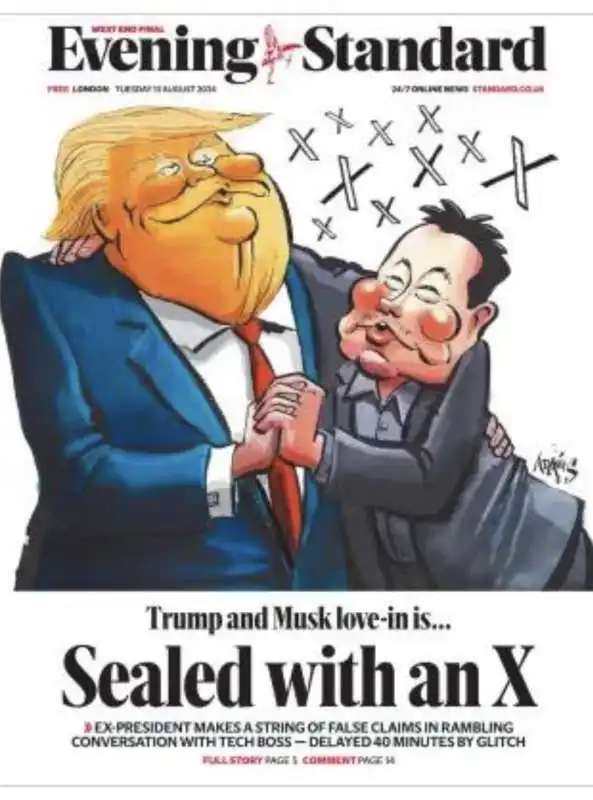 DONALD TRUMP IN LOVE CON ELON MUSK - COPERTINA EVENING STANDARD 