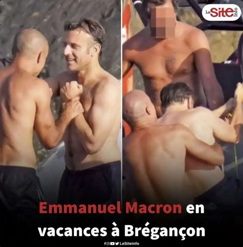 emmanuel macron gioca con un gruppo di maschioni in vacanza