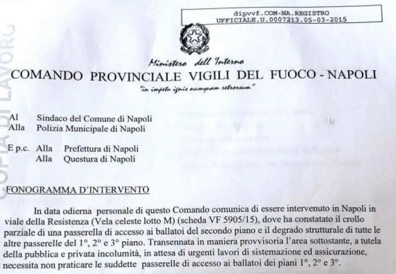 IL DOCUMENTO DEI VIGILI DEL FUOCO SULL ALLARME BALLATOI A SCAMPIA