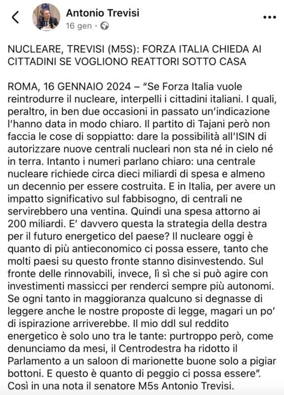 IL POST CONTRO IL NUCLEARE DI ANTONIO TREVISI