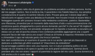 IL POST FACEBOOK DI FRANCESCO LOLLOBRIGIDA DOPO LA SEPARAZIONE CON ARIANNA MELONI