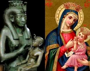 iside con in braccio il figlio Horus e la madonna con gesu bambino