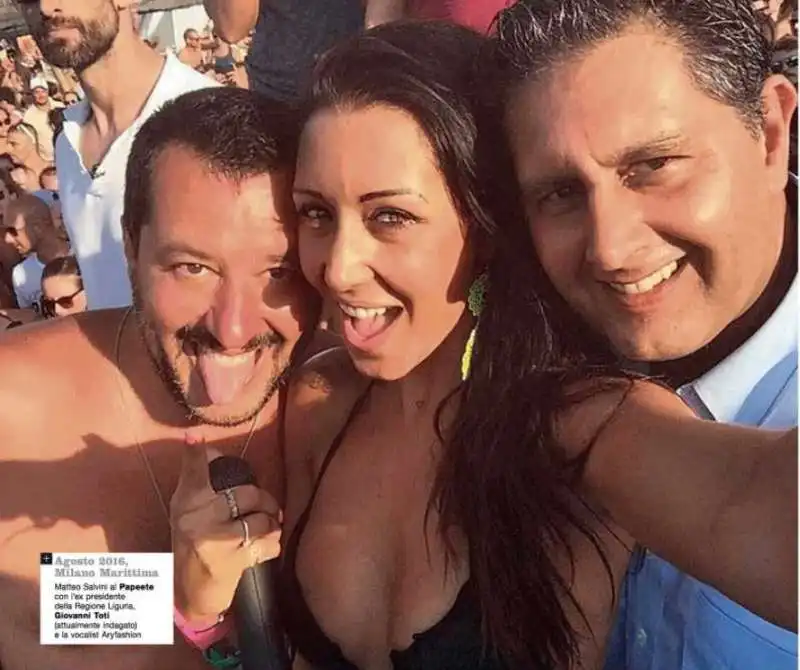 matteo salvini e giovanni toti con la vocalist aryfashion al papeete   agosto 2016