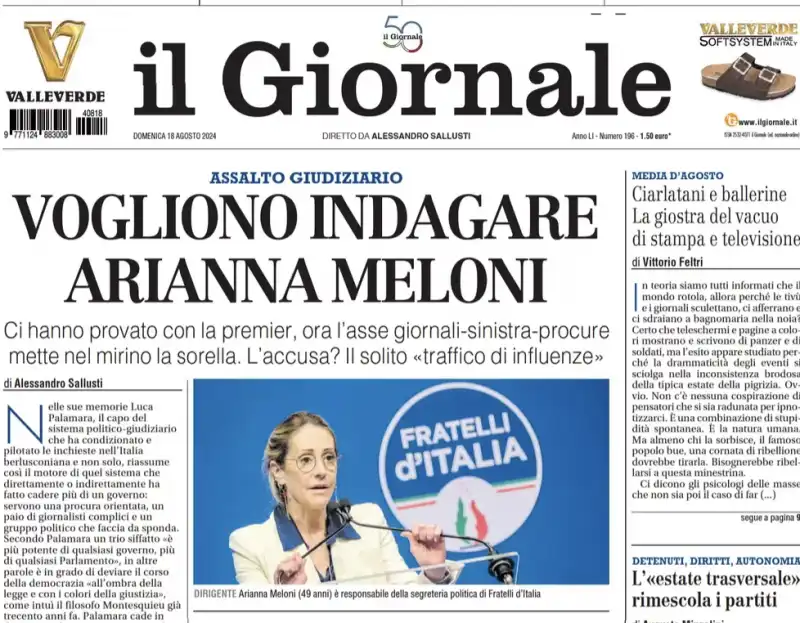 prima pagina del giornale - vogliono indagare arianna meloni