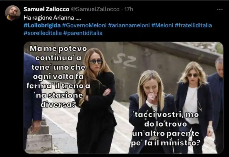 tweet sulla separazione tra arianna meloni e francesco lollobrigida. 8