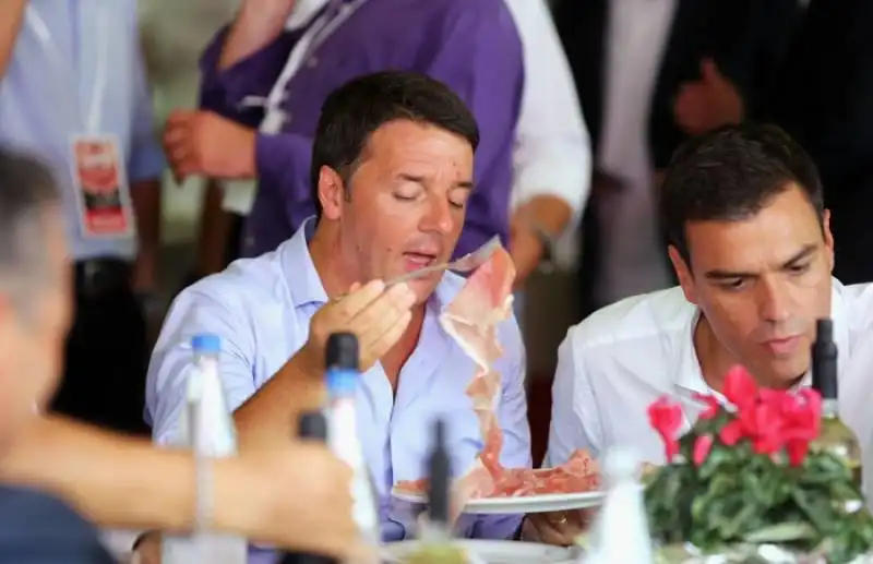 Renzi e il leader Psoe Pedro Sanchez al ristorante Bertoldo, 