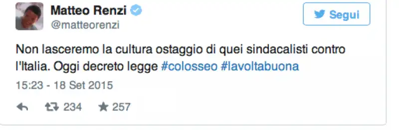 COLOSSEO CHIUSO IL TWEET DI RENZI