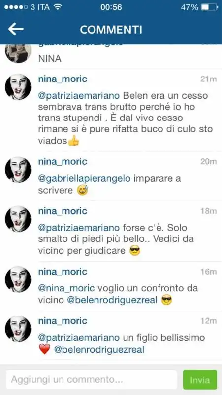 commenti di nina moric su belen rodriguez