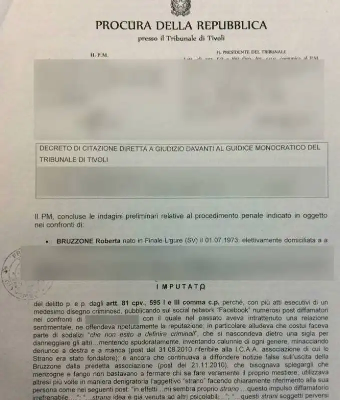 roberta bruzzone decreto di citazione diretta in giudizio tribunale tivoli