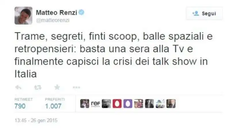 IL TWEET DI RENZI SUI TALK SHOW