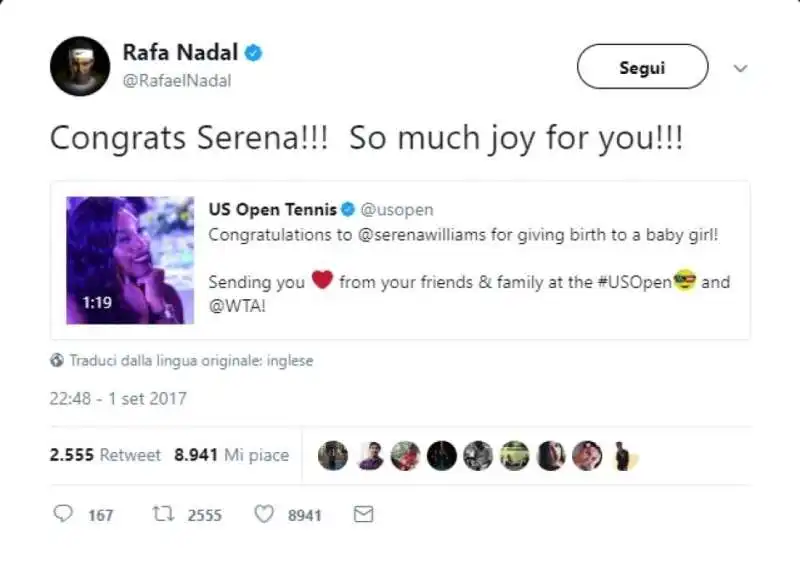 RAFA NADAL MESSAGGIO A SERENA WILLIAMS