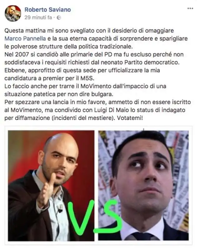 SAVIANO SI CANDIDA PREMIER PER IL M5S