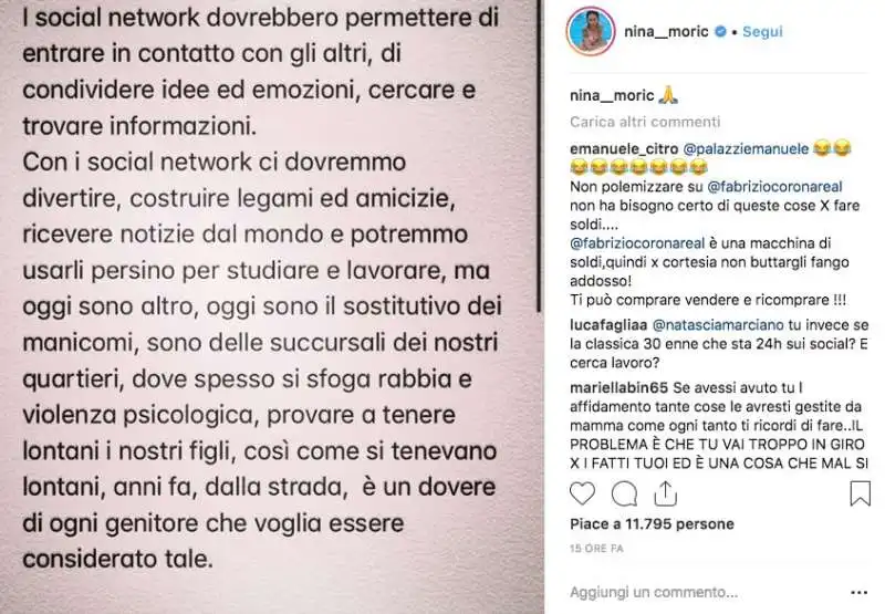 nina moric  sul profilo instagram del figlio carlos