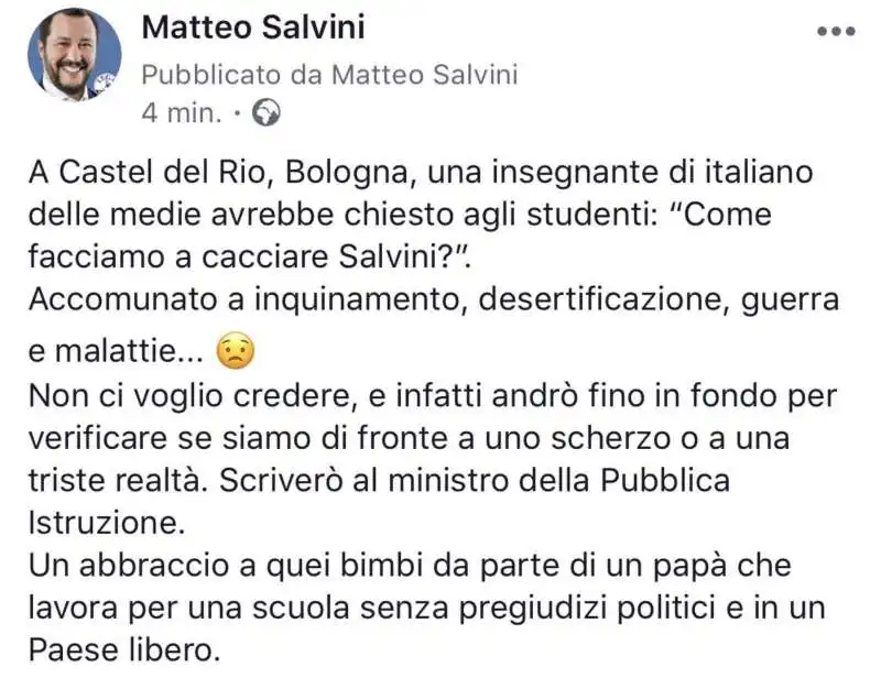 salvini contro l'insegnante di castel del rio