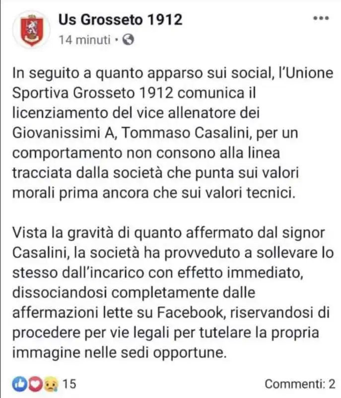 il post con cui il grosseto calcio ha licenziato tommaso casalini