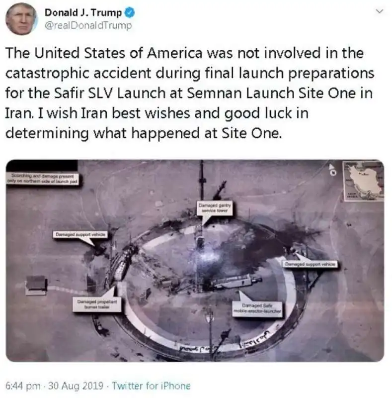 il tweet di trump con la foto della base iraniana