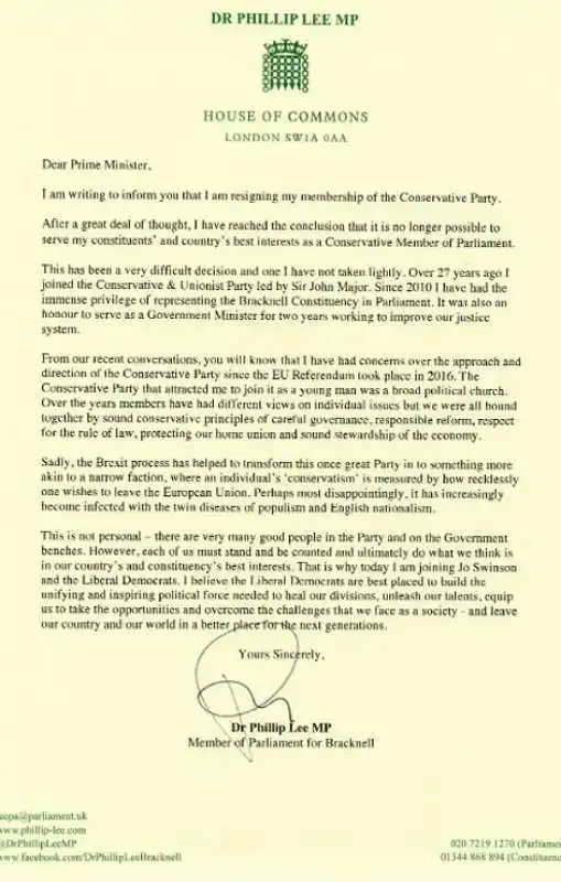 la lettera di phillip lee che si lamenta che i tory sono diventati populisti