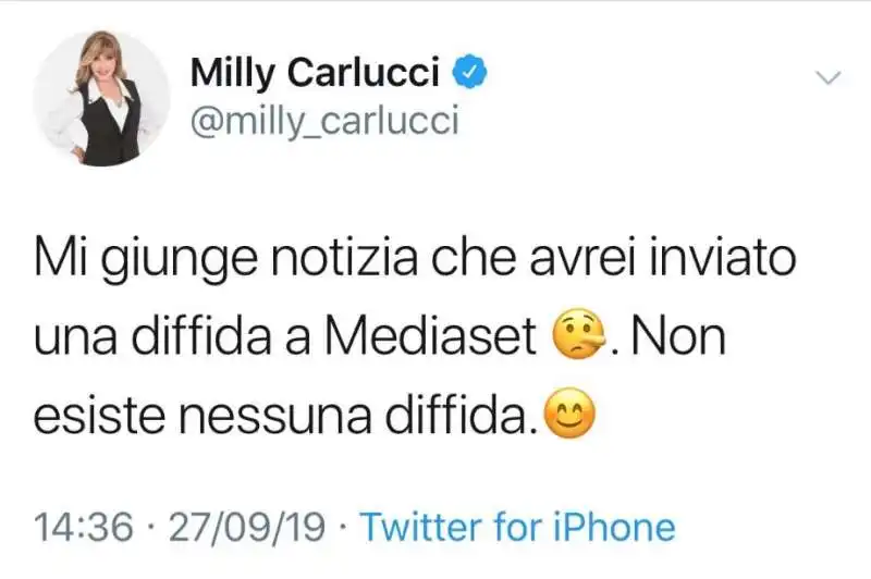 MILLY CARLUCCI SMENTISCE LA DIFFIDA A MEDIASET