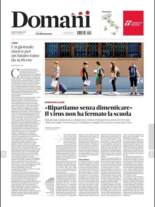 La prima pagina del primo numero di Domani