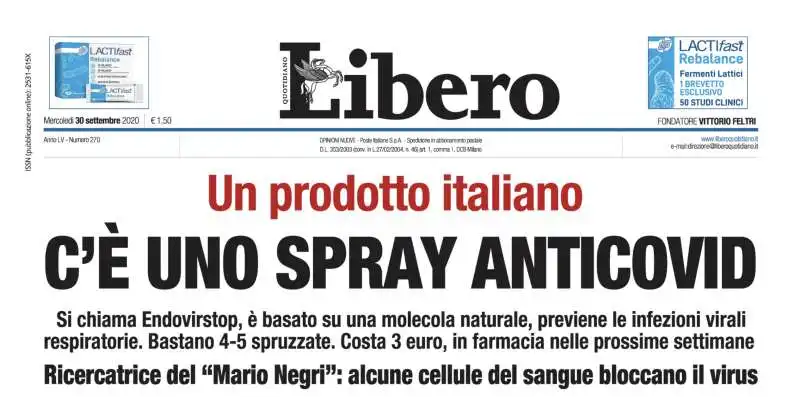 la prima pagina di libero sullo spray anticovid endovir stop