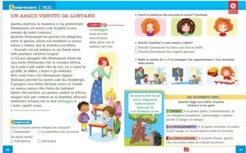 manuale per seconda elementare con bambino nero che parla male italiano