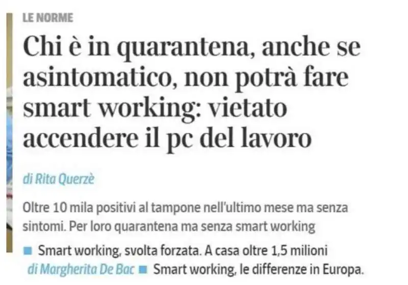 niente smart working per chi e' in quarantena