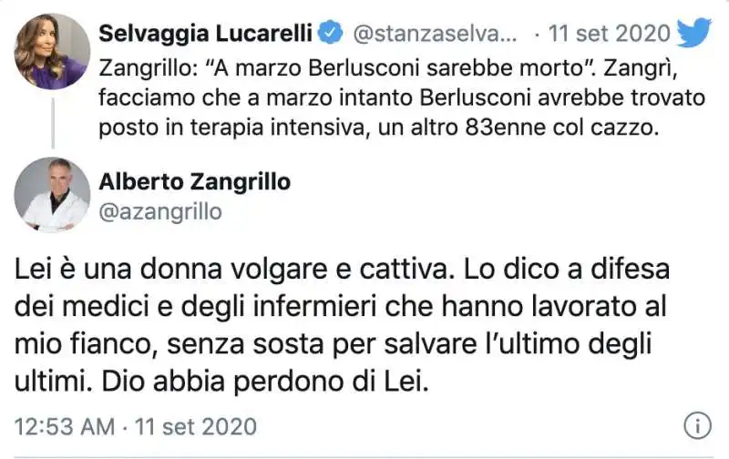 SELVAGGIA LUCARELLI VS ALBERTO ZANGRILLO SU TWITTER