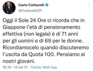 IL TWEET DI CARLO COTTARELLI SULLE PENSIONI