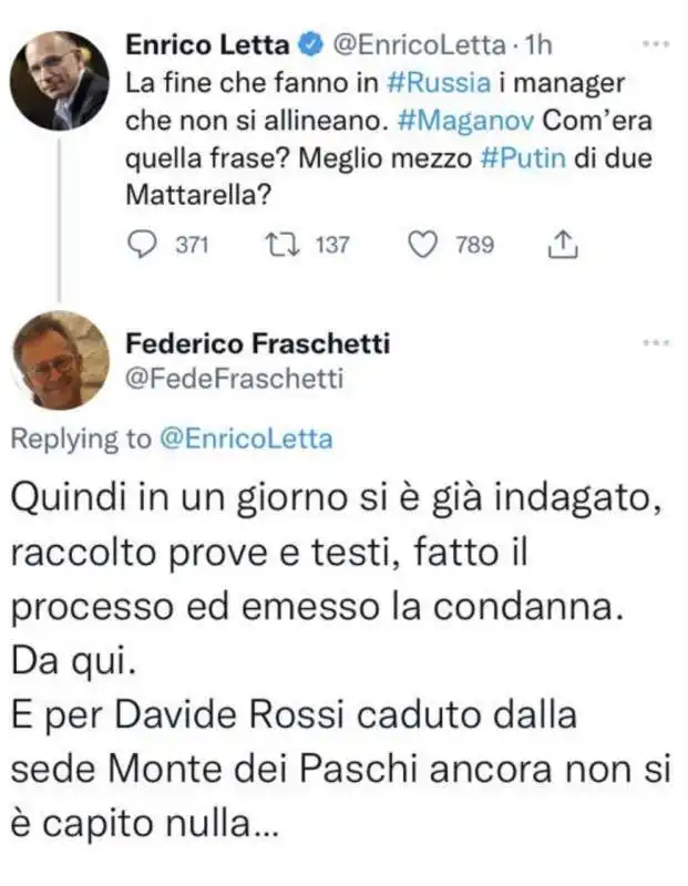 commenti al tweet di enrico letta sulla morte di maganov   1