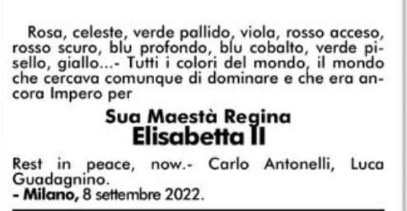 NECROLOGIO DELLA REGINA ELISABETTA BY CARLO ANTONELLI E LUCA GUADAGNINO