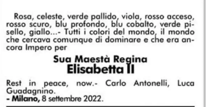 NECROLOGIO DELLA REGINA ELISABETTA BY CARLO ANTONELLI E LUCA GUADAGNINO