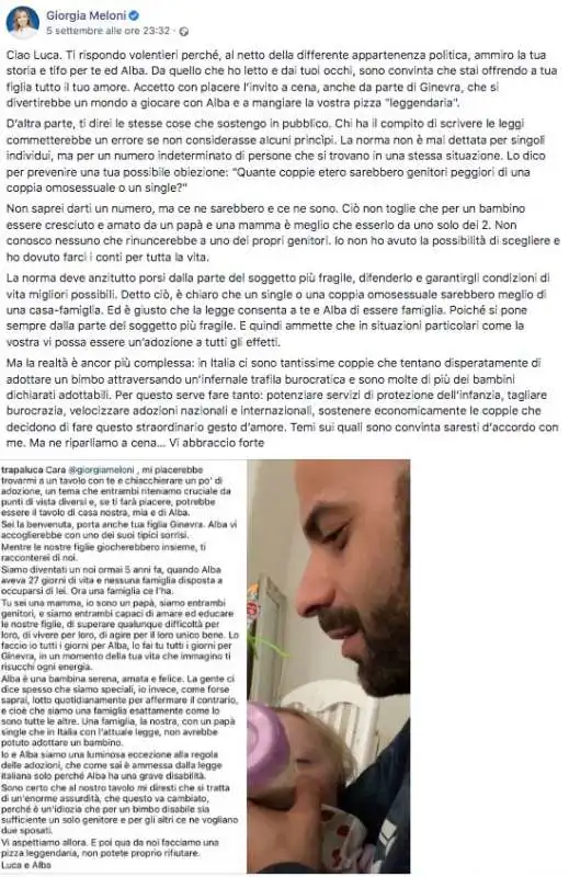 post di giorgia meloni a luca trapanese