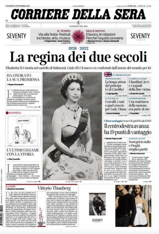 prima pagina corriere della sera morte regina elisabetta