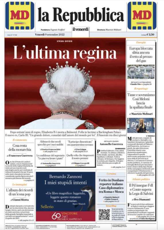 prima pagina repubblica morte regina elisabetta