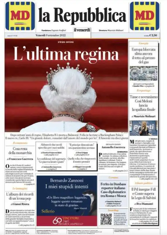 prima pagina repubblica    morte regina elisabetta 