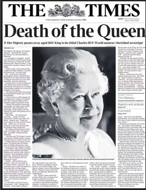 prima pagina the times    morte regina elisabetta 