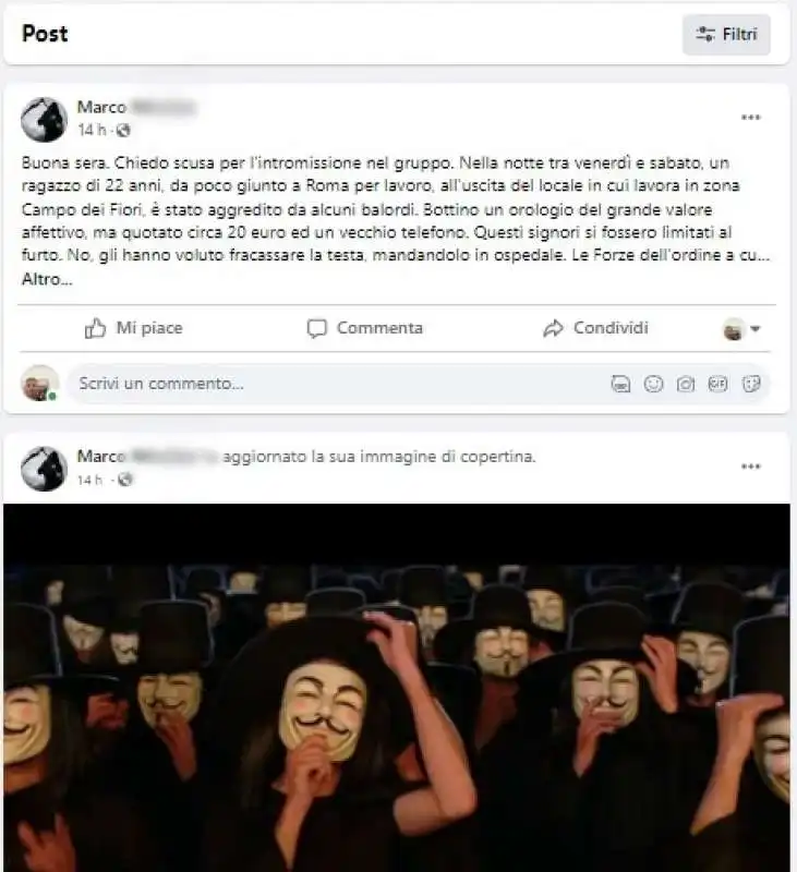 Profilo facebook vendetta rapina Campo de Fiori 