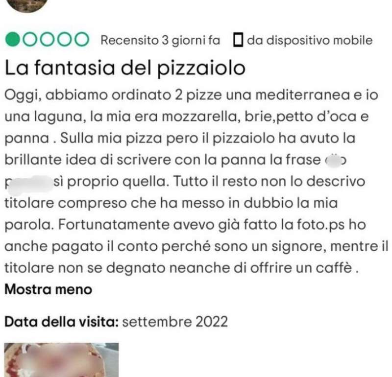 recensione del cliente che ha ricevuto la pizza con bestemmia sopra