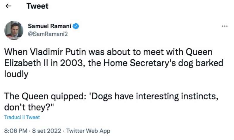 tweet sulla regina elisabetta, putin e il cane