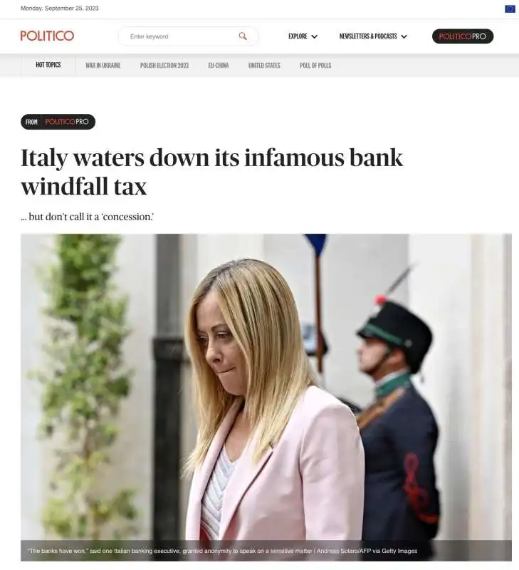 ARTICOLO DI POLITICO SUL DIETROFRONT DI GIORGIA MELONI SULLA TASSA DEGLI EXTRAPROFITTI BANCARI