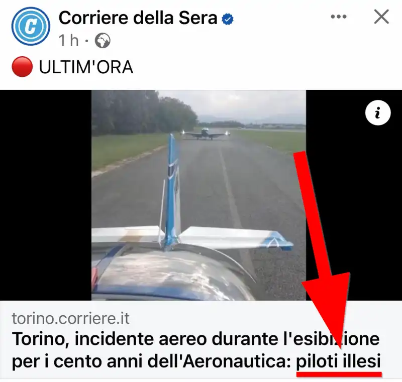 corriere della sera, piloti illesi, ma bimba morta