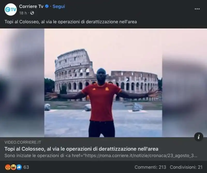 CORRIERE TV LUKAKU TOPI AL COLOSSEO